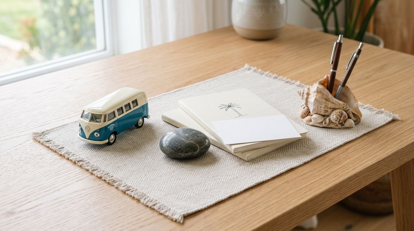 A miniature Volkswagen van, a palm tree notebook, and pens in a seashell holder on a wooden desk.