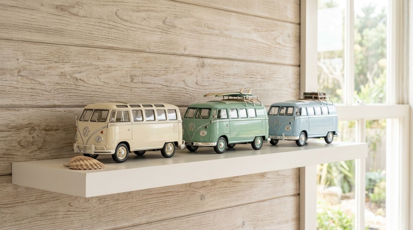 Three vintage style miniature Volkswagen bus models displayed on a white shelf against a wood paneled wall.