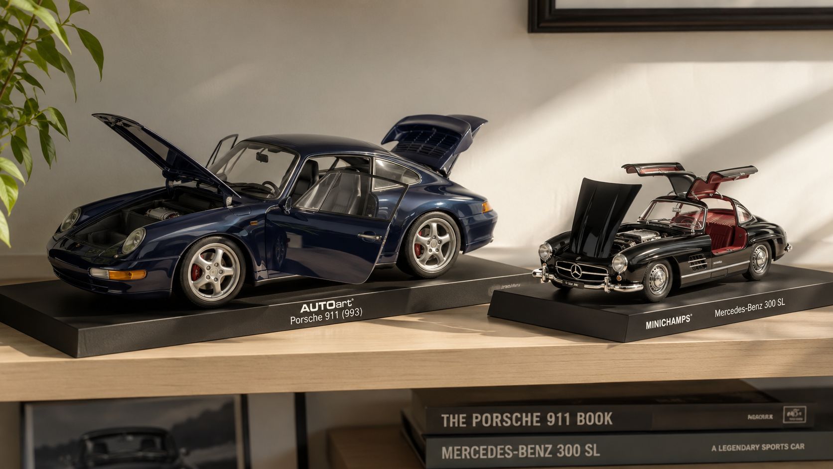 A display shelf featuring an AUTOart Porsche 911 993 model and a Minichamps Mercedes-Benz 300 SL diecast car.