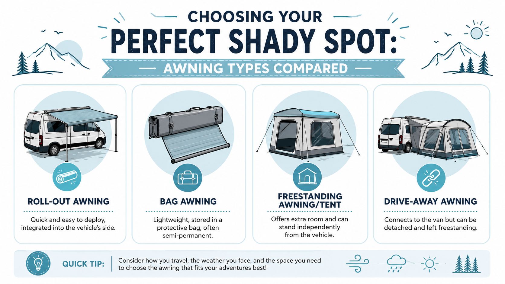 An infographic comparing four types of camper van awnings including roll-out, bag, freestanding, and drive-away designs.