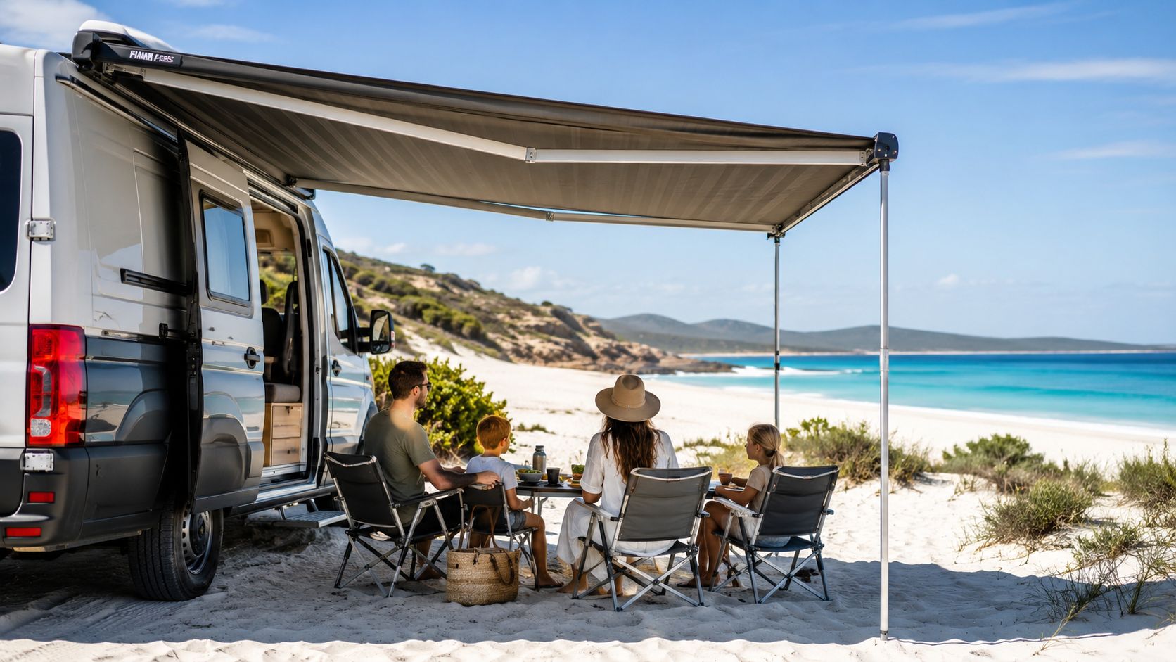 A family of four enjoys a picnic lunch under the shade of a camper van awning on a beach.
