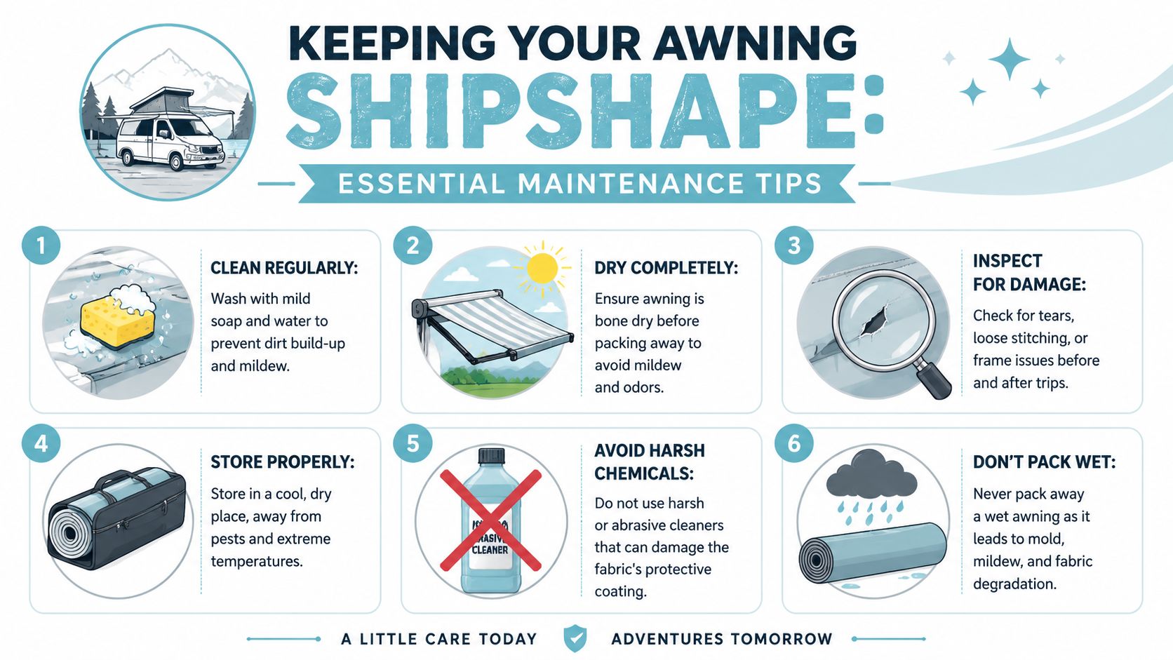 An infographic titled Keeping Your Awning Shipshape providing six essential maintenance tips for camper van awnings.