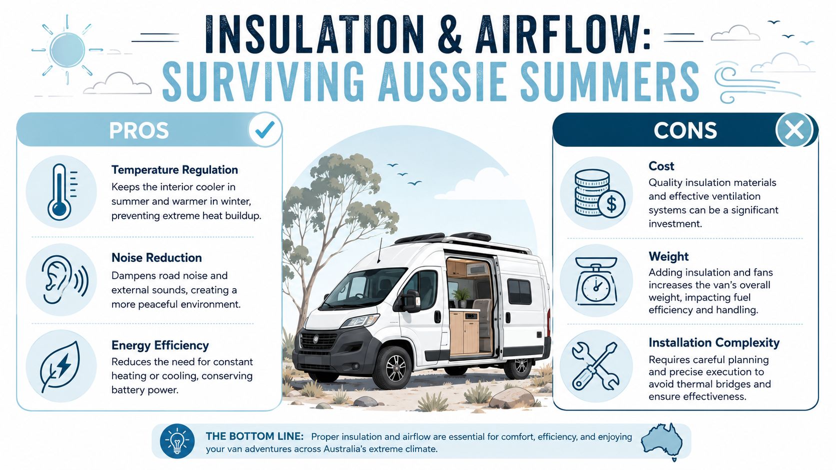 An infographic showing the pros and cons of insulation and ventilation for Australian camper van conversions.
