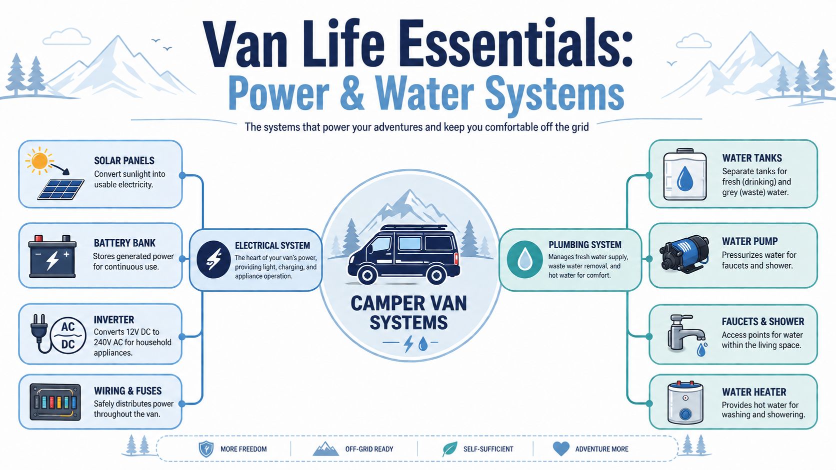 An infographic detailing essential power and plumbing systems for an off-grid camper van conversion project.