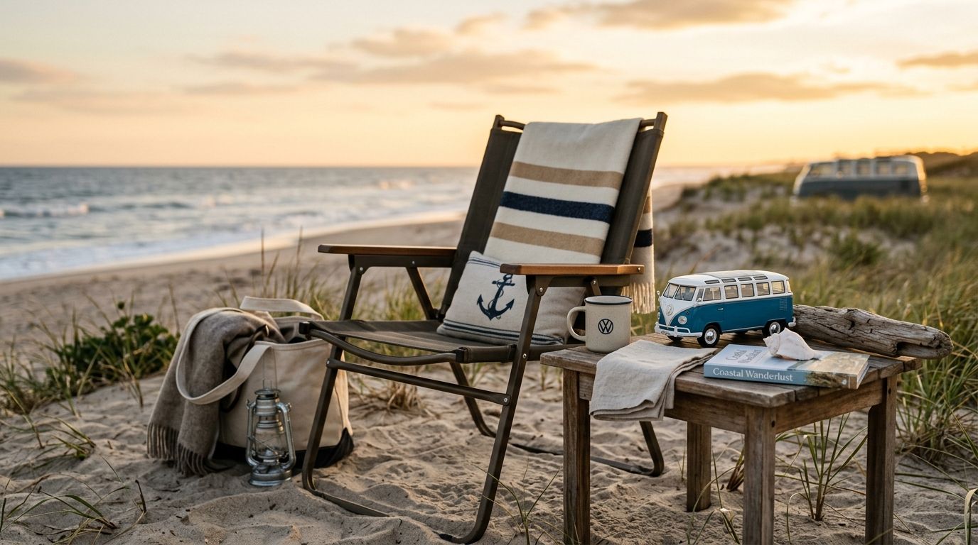 A rustic wooden folding chair and a small side table placed on a sandy beach at sunset.