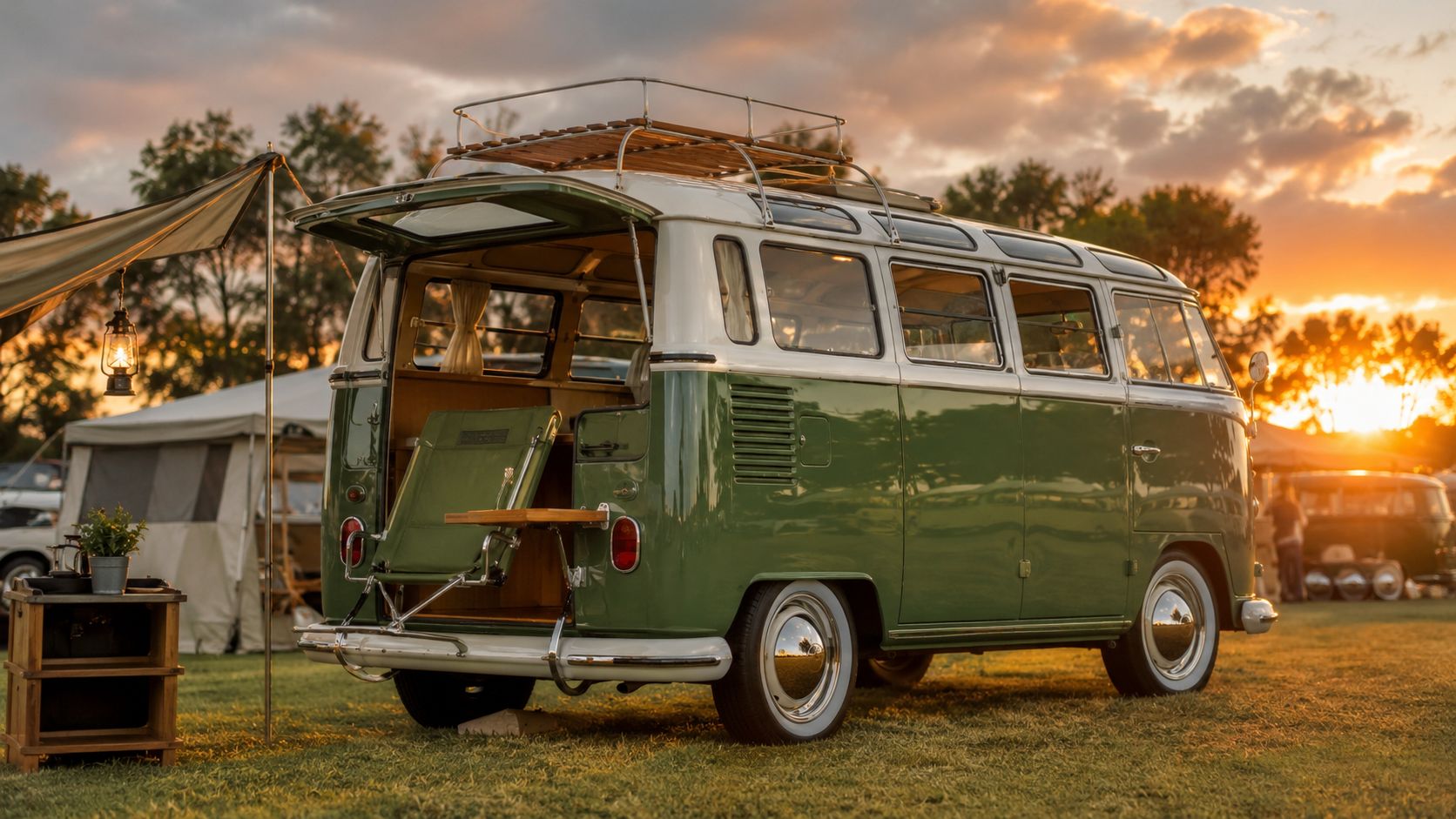 A vintage green and white Volkswagen camper van parked at a campsite during a beautiful golden sunset.