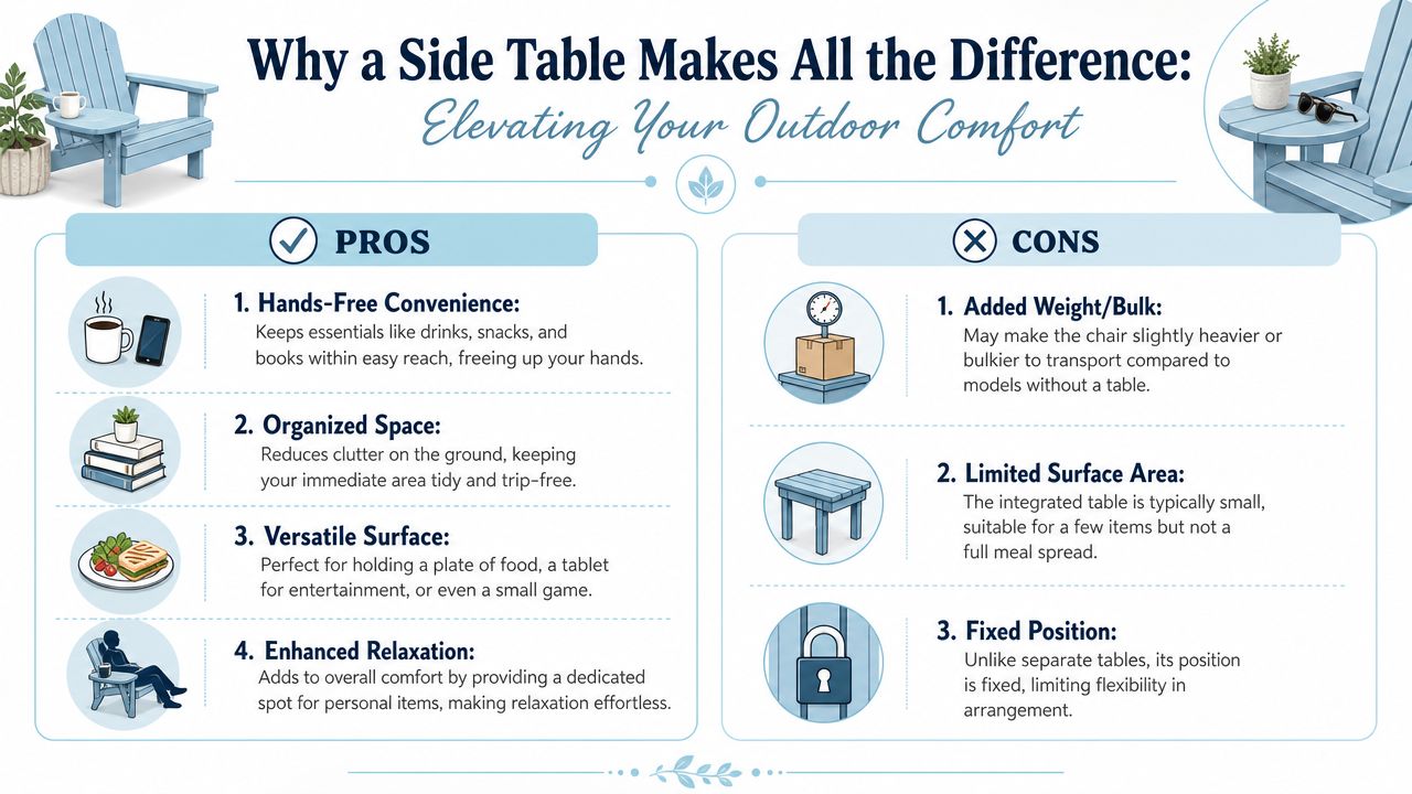 An infographic detailing the pros and cons of using outdoor chairs with integrated side tables for relaxation.
