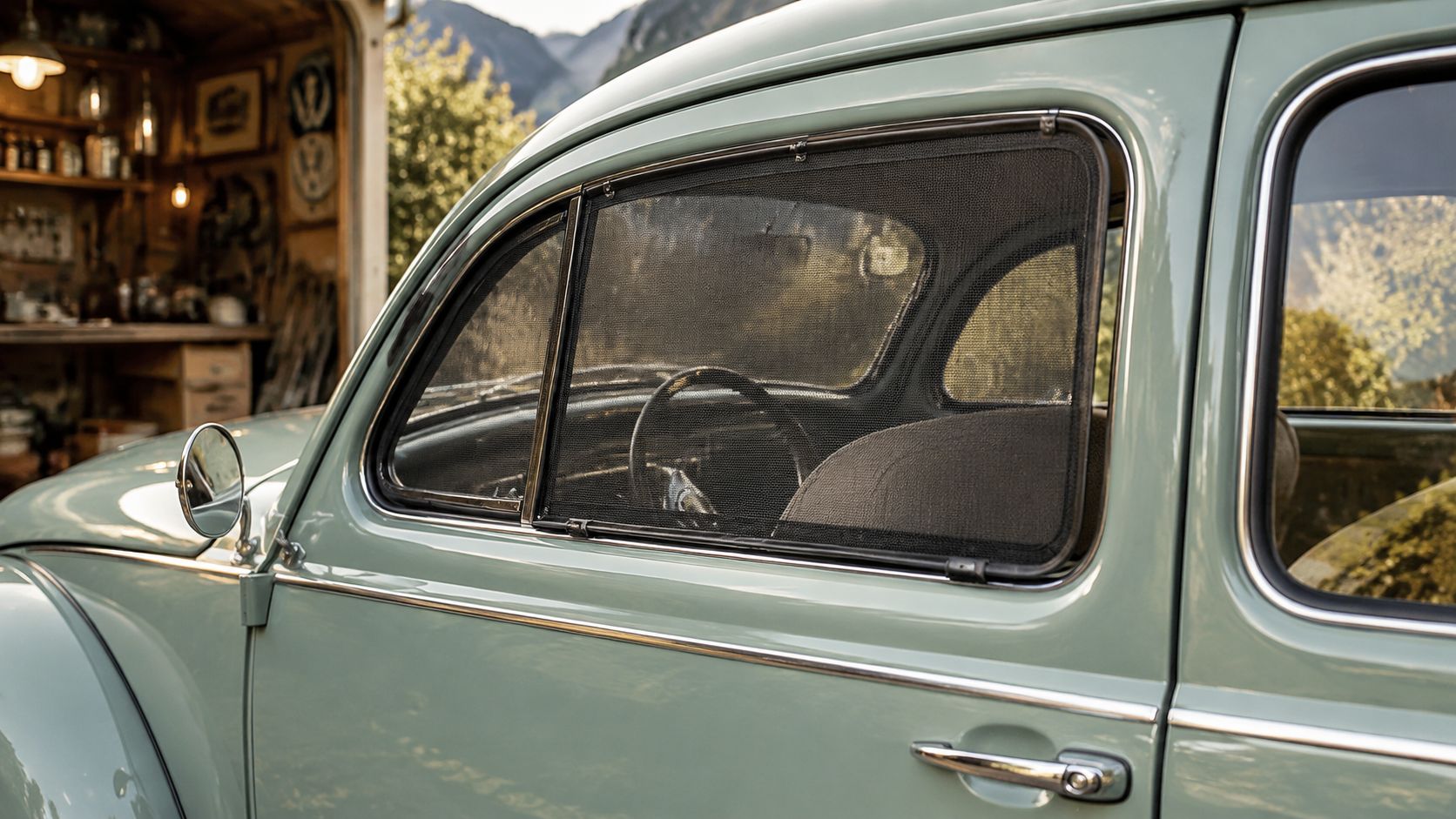 A close-up view of a vintage sage green Volkswagen Beetle parked outdoors with a black mesh window screen.