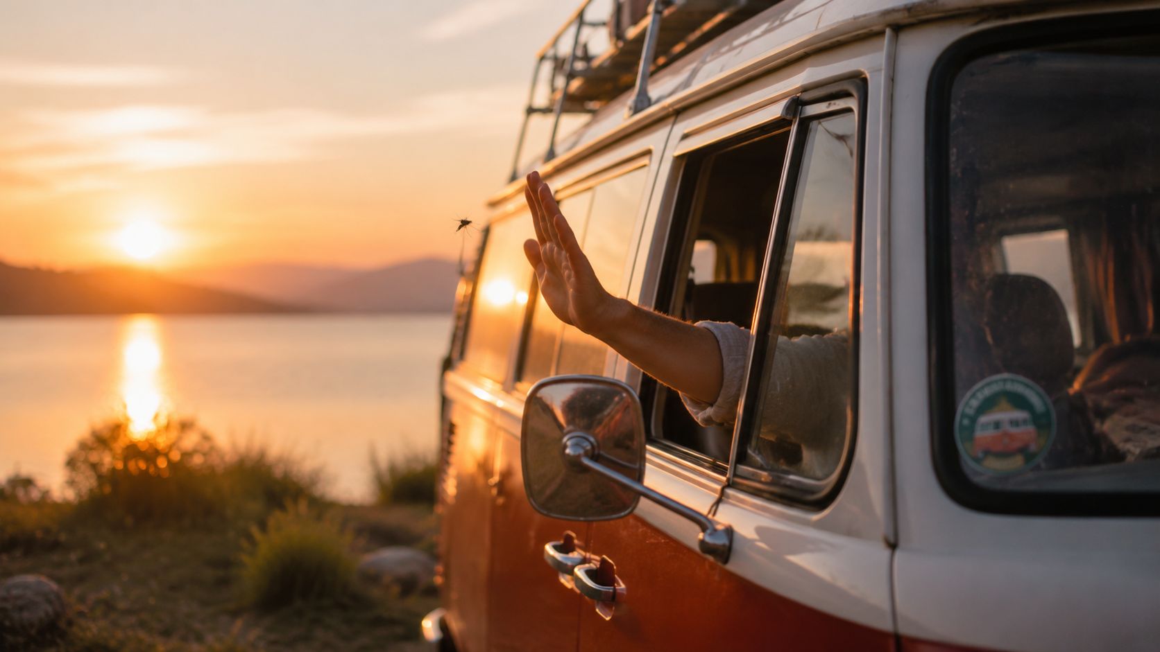 A hand waving from the open window of a vintage camper van overlooking a sunset lake scene.