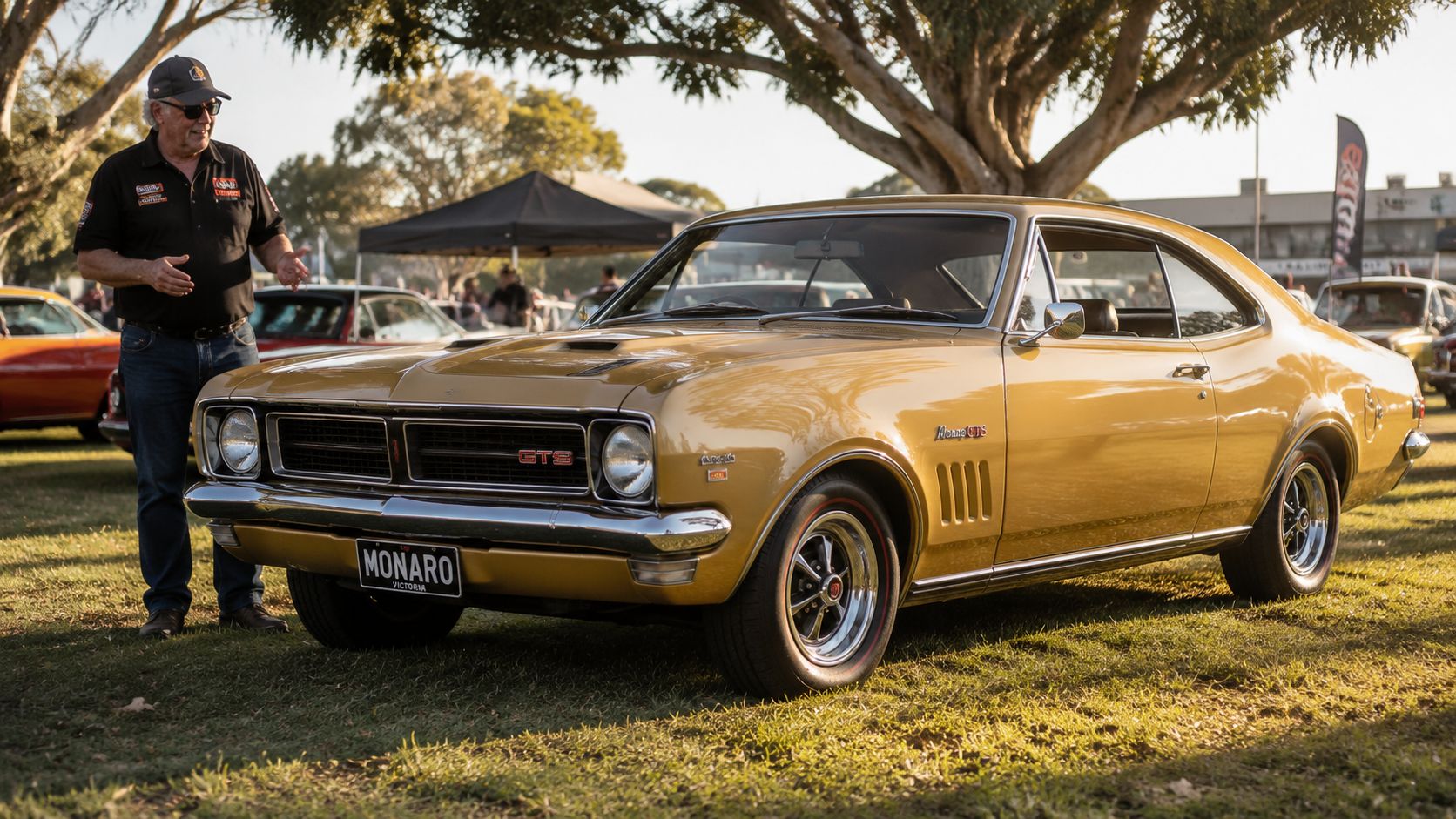 A classic golden Holden Monaro GTS muscle car displayed on a grassy field during an automotive event.