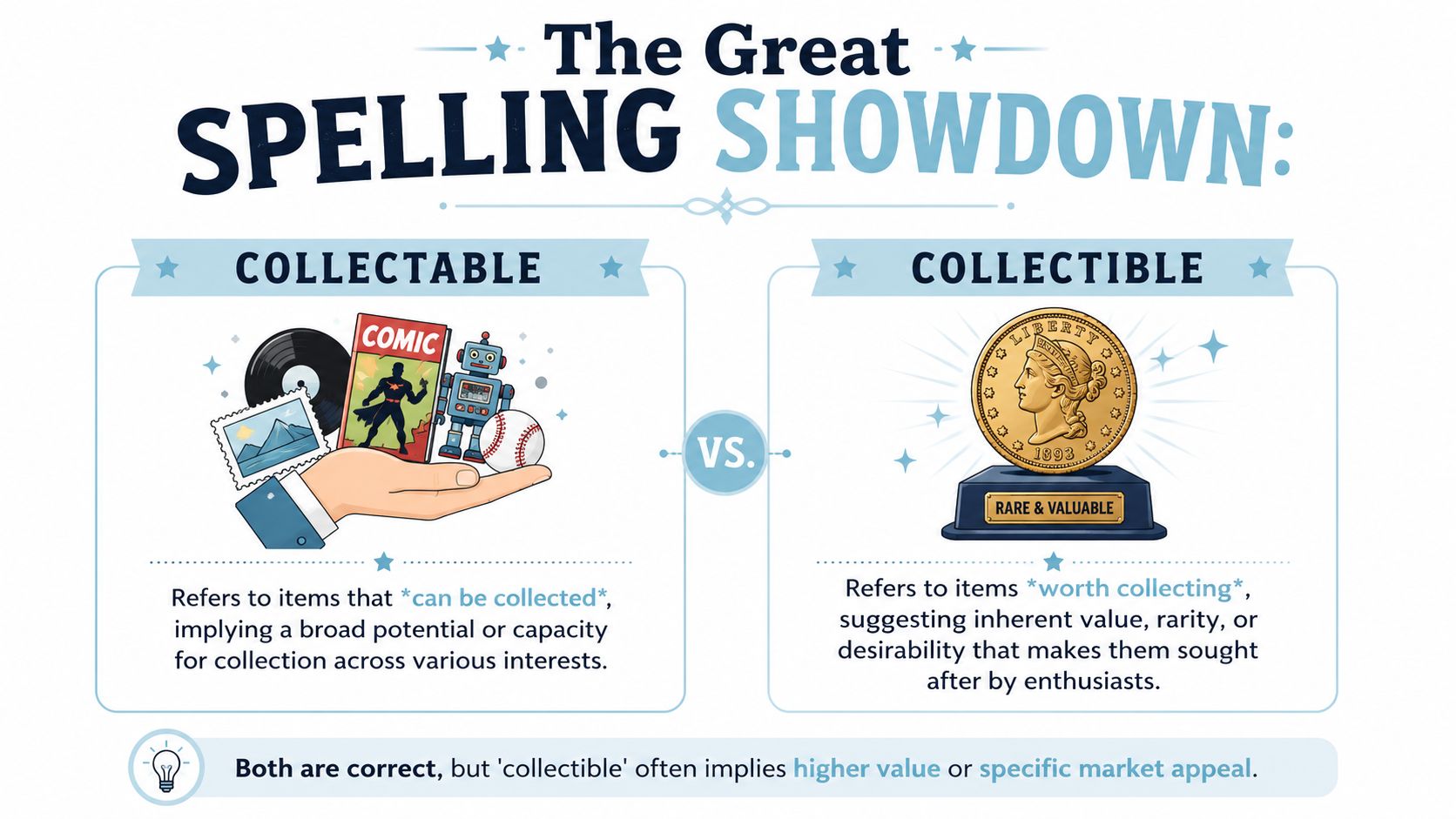 An infographic comparing the spellings of collectable and collectible, explaining their subtle differences in meaning and usage.