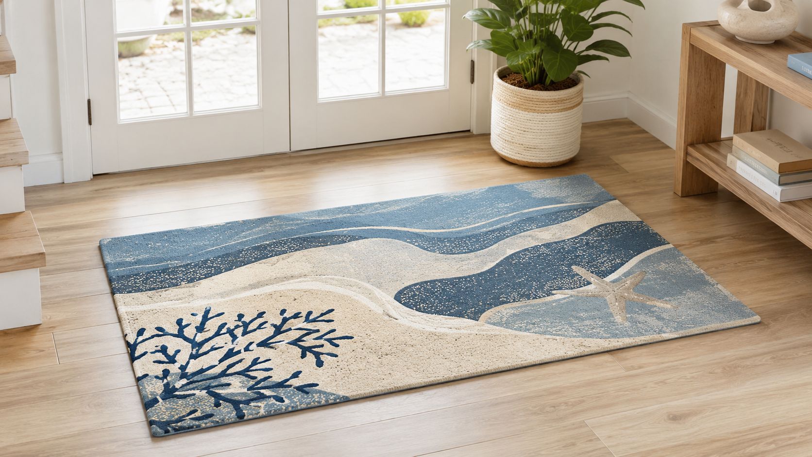 A coastal-themed rug with starfish and coral patterns displayed on a light wooden floor in a room.