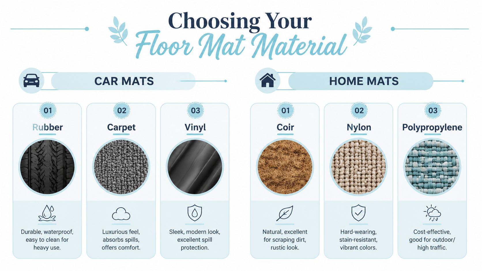 An infographic showing different floor mat materials categorized for car mats and home mats usage.