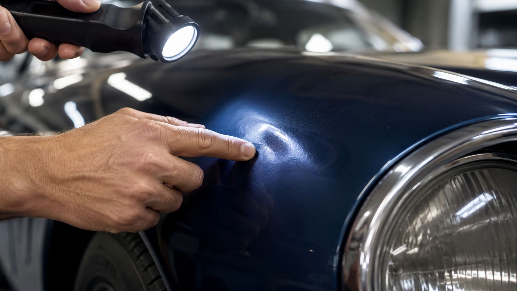A technician inspecting a small dent on the hood of a blue car using a flashlight.