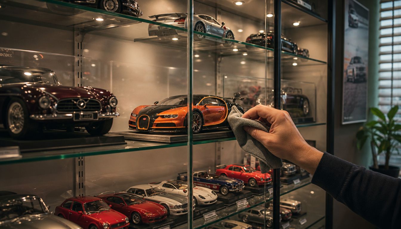 A person cleaning a high-quality diecast sports car model displayed inside a glass cabinet collection.