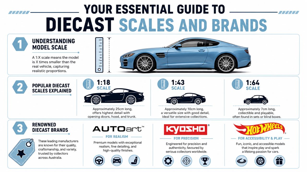 An infographic guide explaining diecast model scales and popular collector brands for hobbyists in Australia.