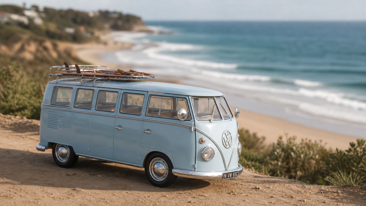 A miniature light blue Volkswagen T1 bus model parked on a cliff overlooking a sandy beach.