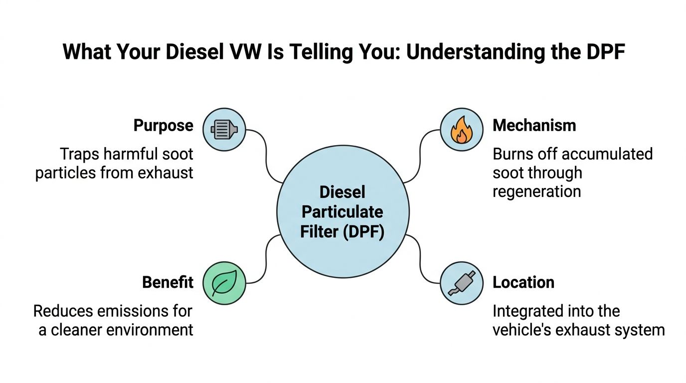A diagram explaining the purpose, mechanism, benefits, and location of a Diesel Particulate Filter in VW vehicles.