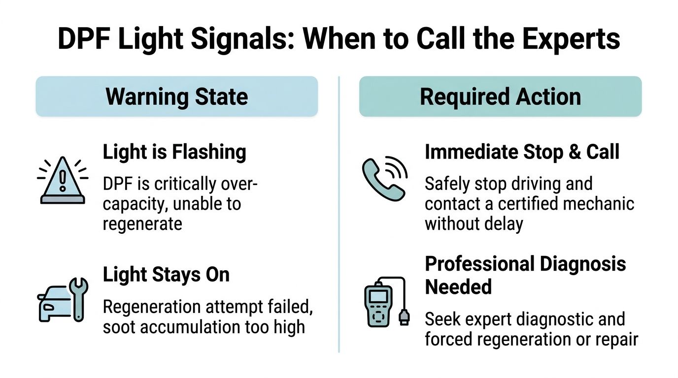 A chart explaining DPF warning light signals and the required professional actions to take.