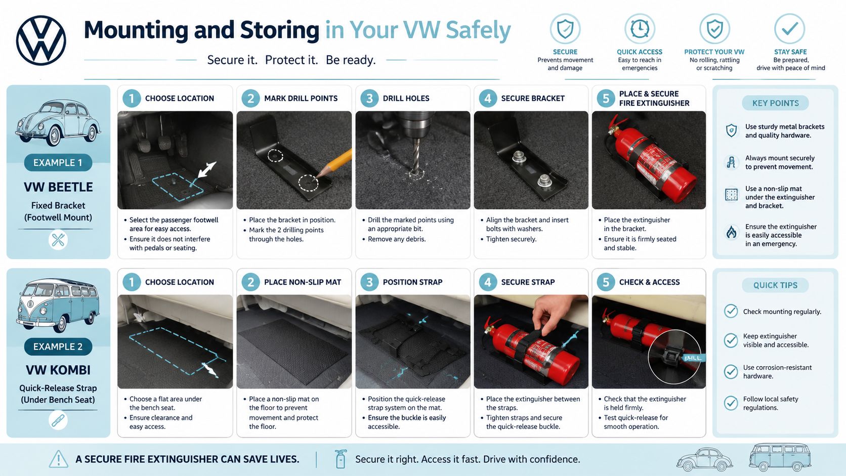A safety infographic showing step-by-step instructions for mounting a fire extinguisher in VW Beetle and Kombi vehicles.