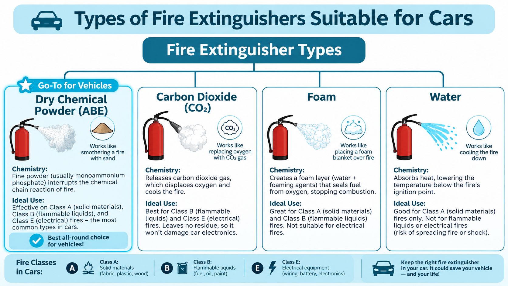 An infographic showing four types of fire extinguishers suitable for car emergencies, including dry chemical, CO2, foam, and water.