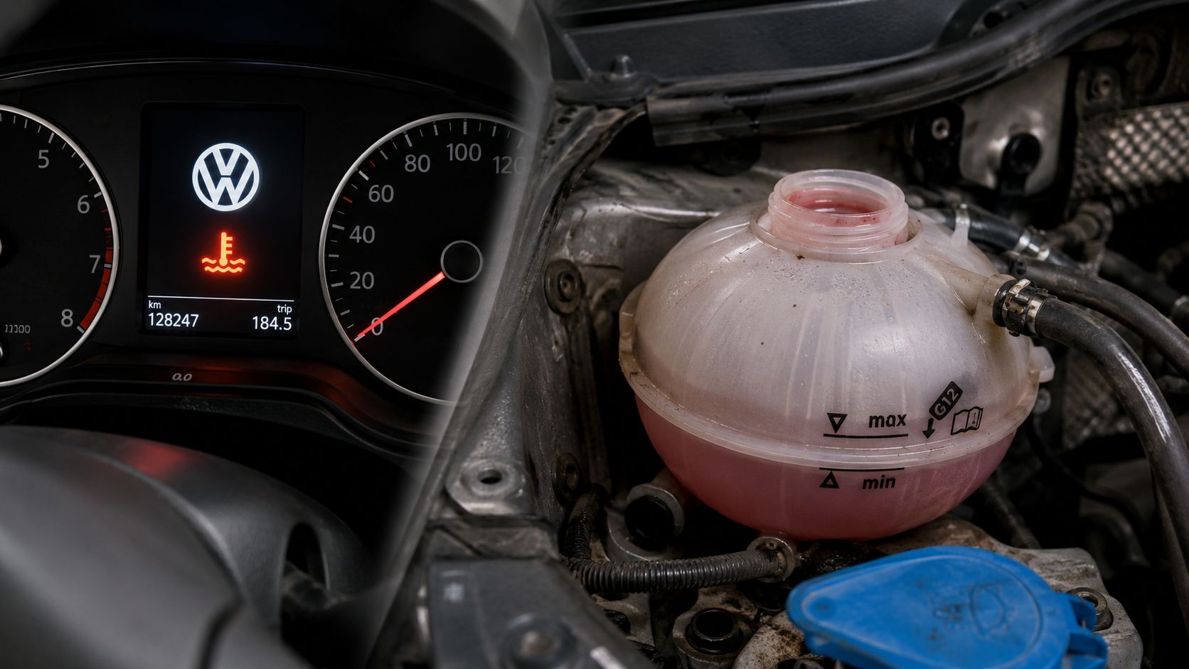 A car dashboard displaying a coolant temperature warning light next to a Volkswagen engine coolant reservoir tank.