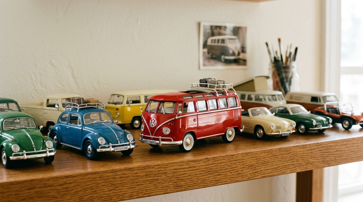 A wooden shelf displays a collection of miniature vintage Volkswagen toy cars including buses and beetles.