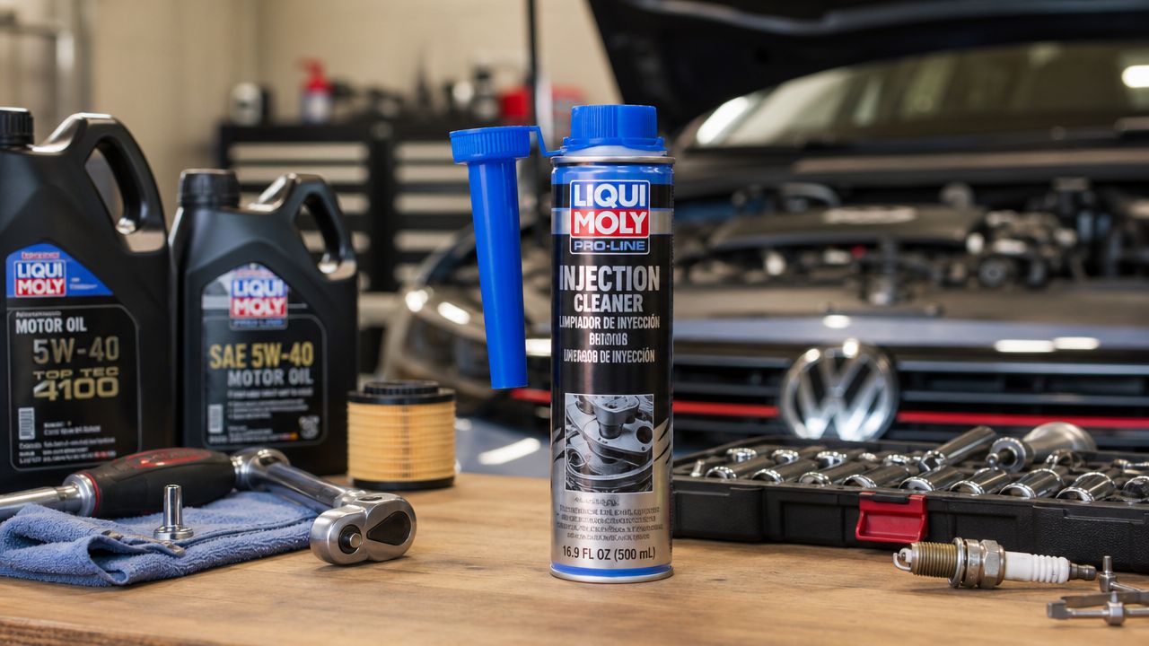 A Liqui Moly injection cleaner bottle stands on a wooden table with automotive repair tools and motor oil.