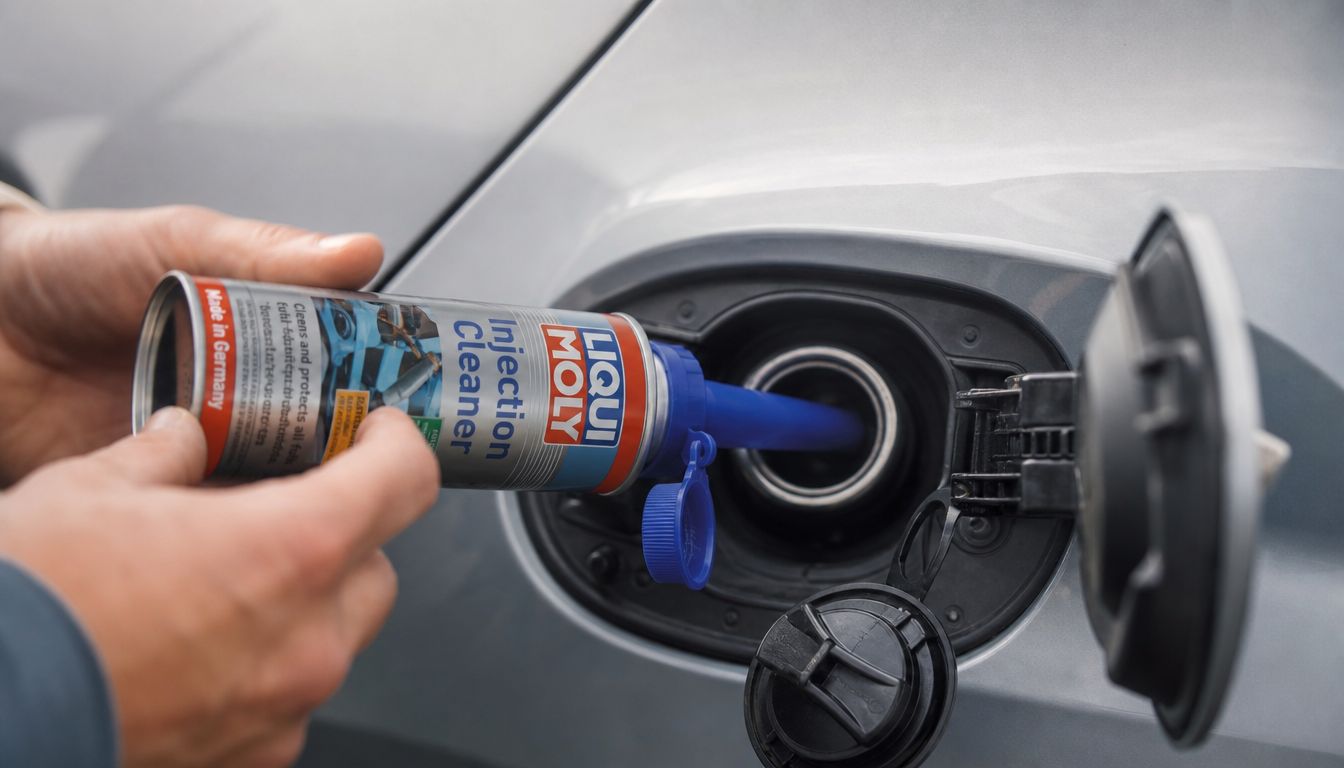 A person pouring Liqui Moly injection cleaner additive into a car's fuel tank filler neck.