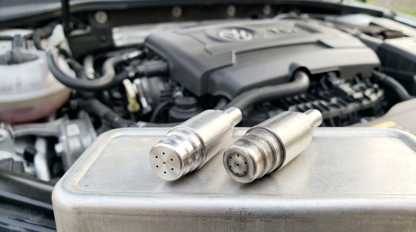 Two fuel injectors, one clean and one dirty, resting on a metal container in front of an engine.