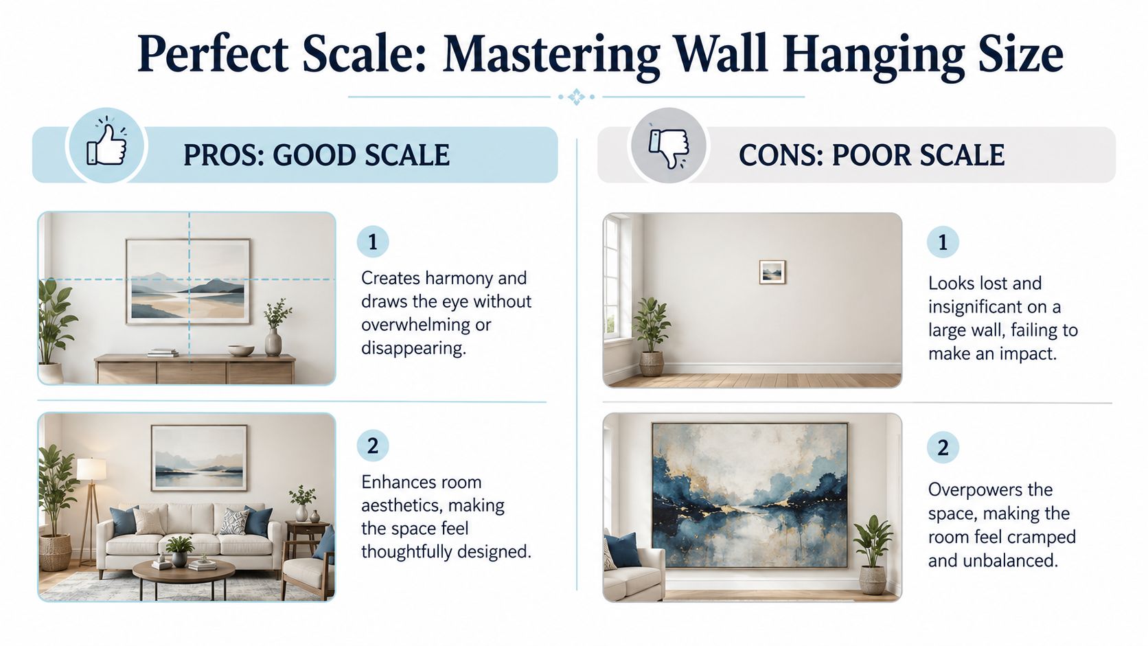 A graphic comparing good and poor scale for wall hangings above living room furniture pieces.