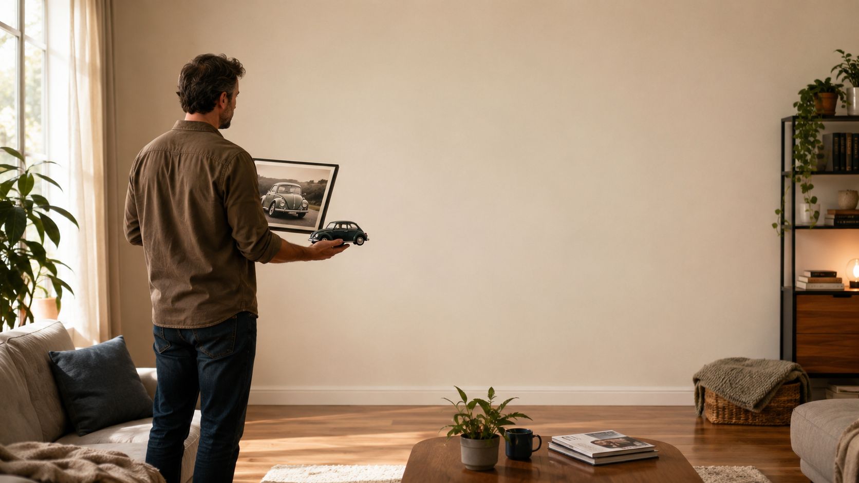 A man holds a framed picture and a miniature toy car while standing in a minimalist living room.
