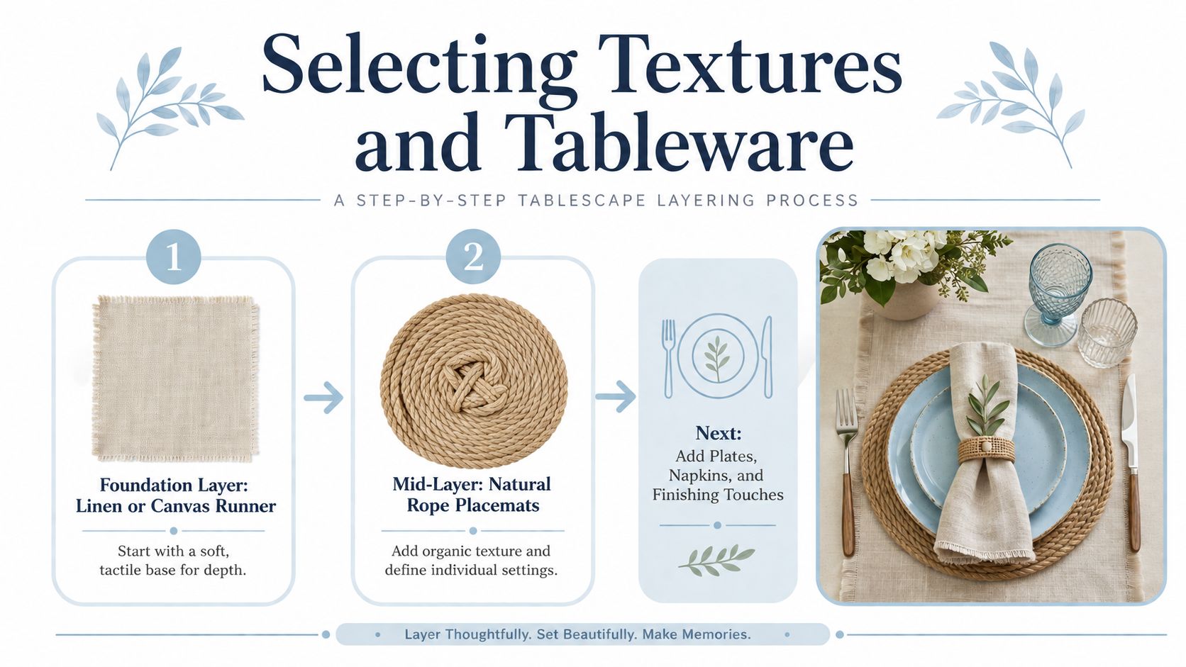 A step-by-step instructional infographic on creating a layered tablescape featuring natural rope placemats and a linen runner.