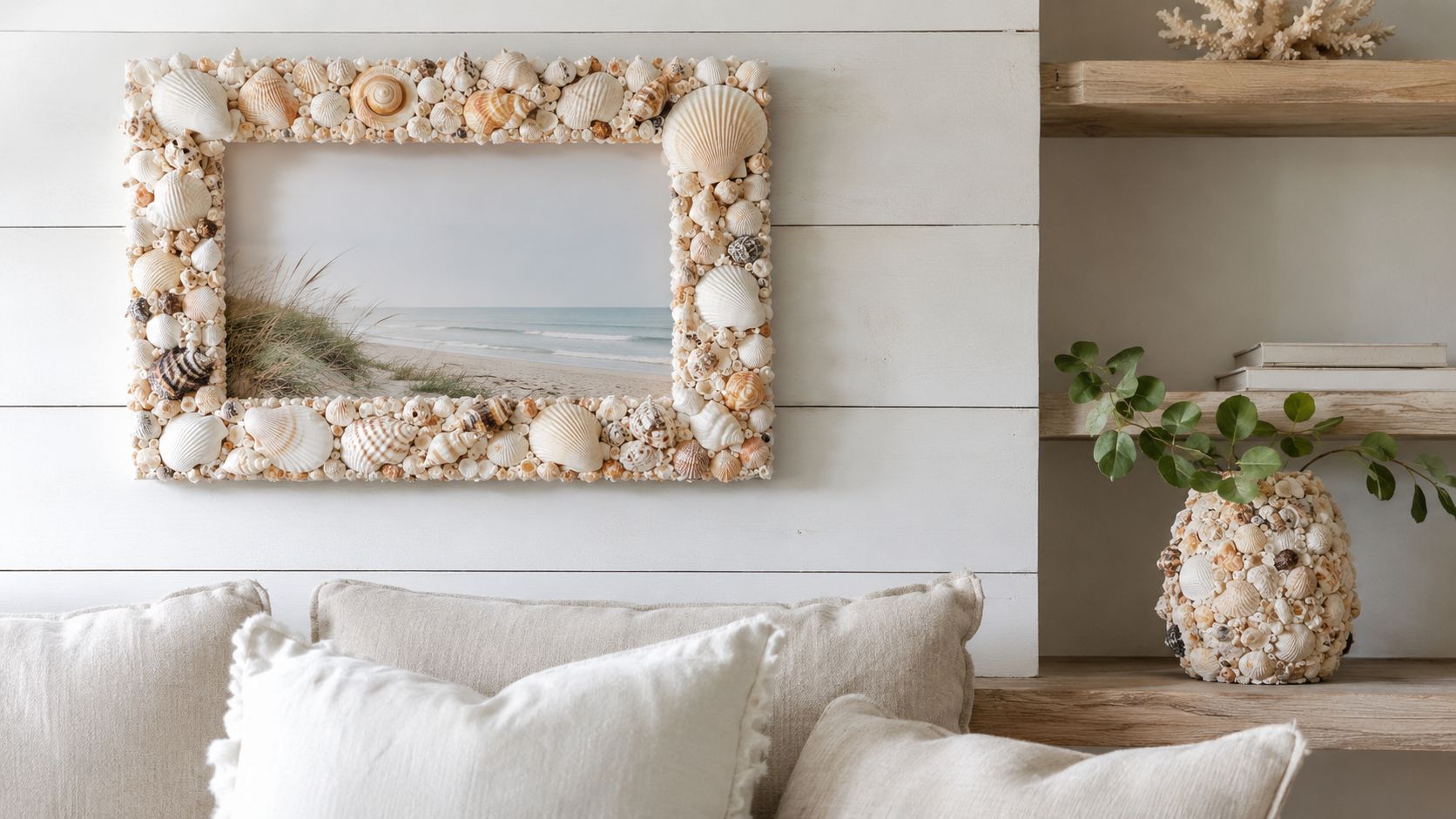 A coastal-themed living room wall featuring a large seashell-covered frame and a matching shell vase.