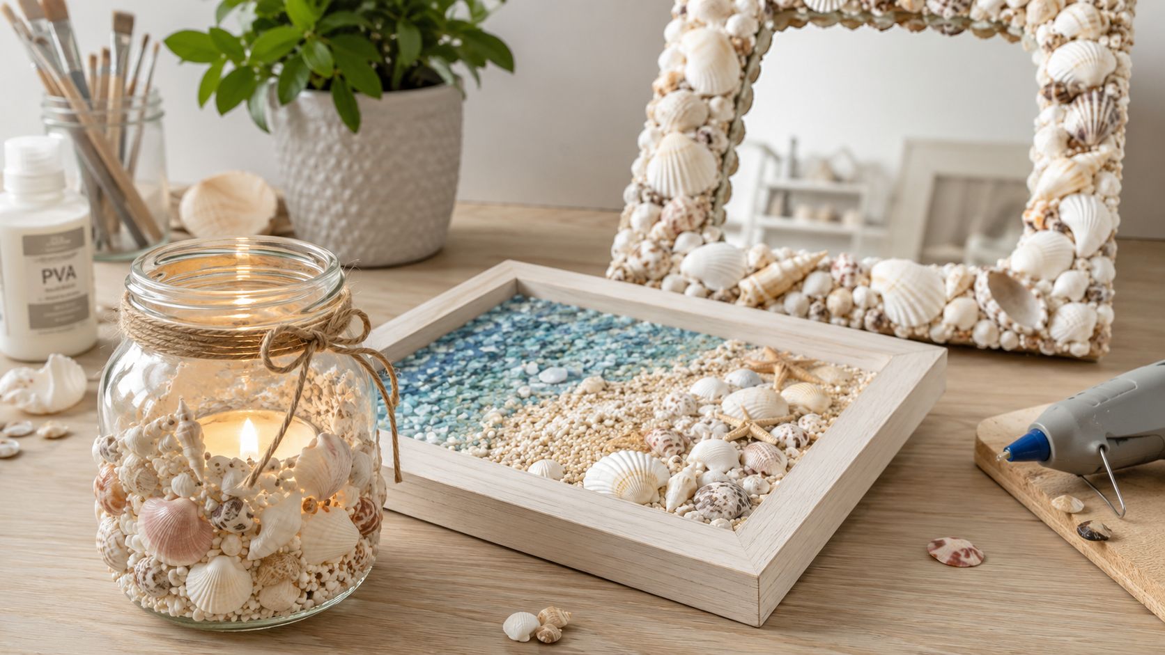 A DIY project featuring a seashell-decorated candle jar, a beach-themed framed art piece, and a shell-encrusted mirror.