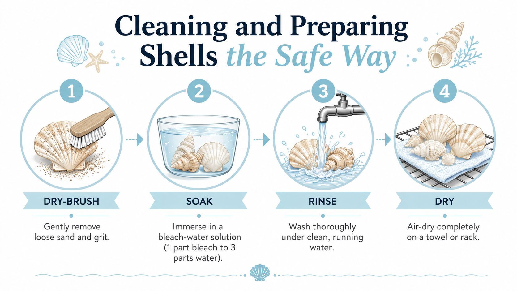 An infographic showing four steps to clean seashells using brushing, soaking in bleach, rinsing, and air-drying.