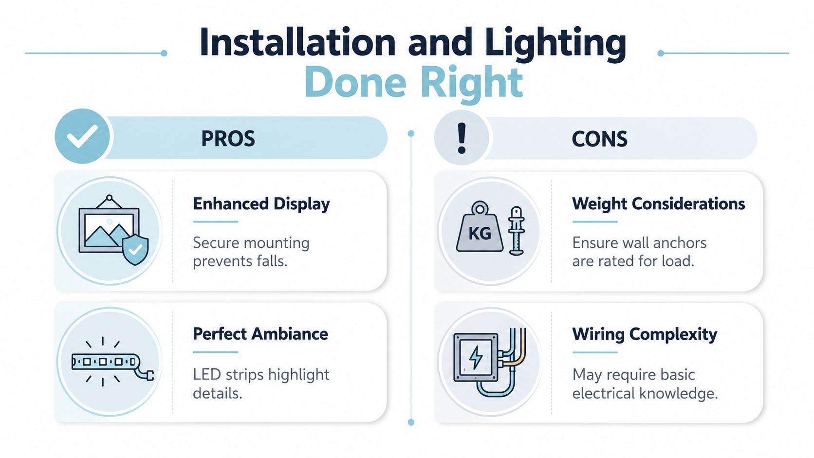 An infographic comparing the pros and cons of installation and lighting for shadow box shelves.
