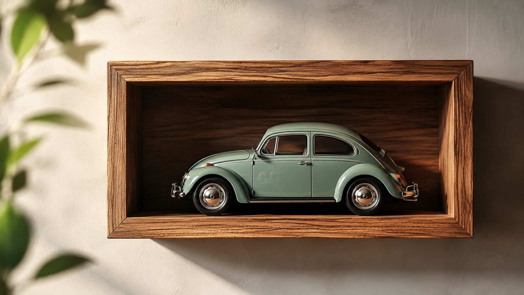 A miniature sage green vintage Volkswagen Beetle toy car displayed inside a simple wooden shadow box shelf.