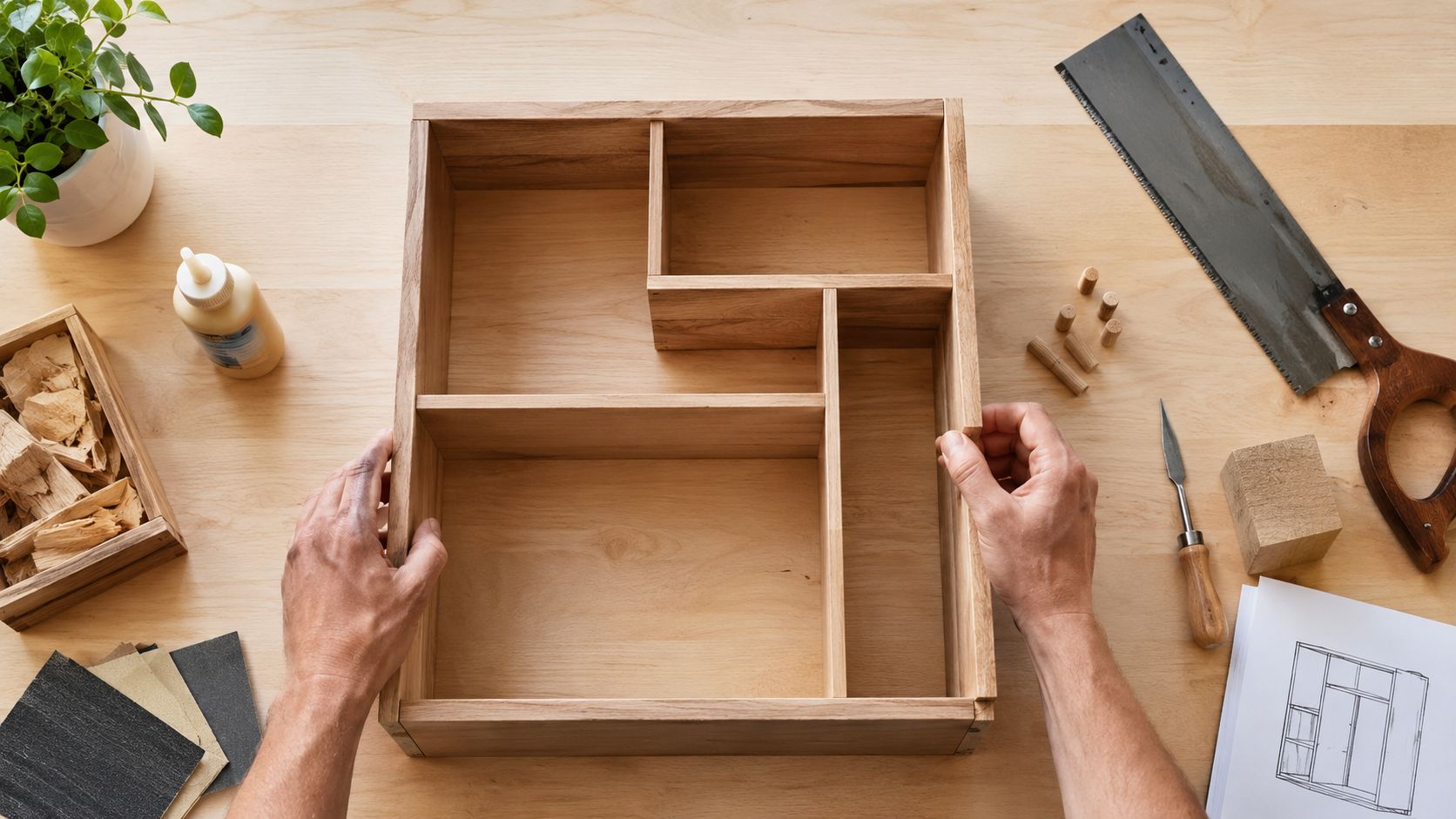 A woodworker assembling custom wooden shadow box shelves on a desk with various tools and supplies nearby.