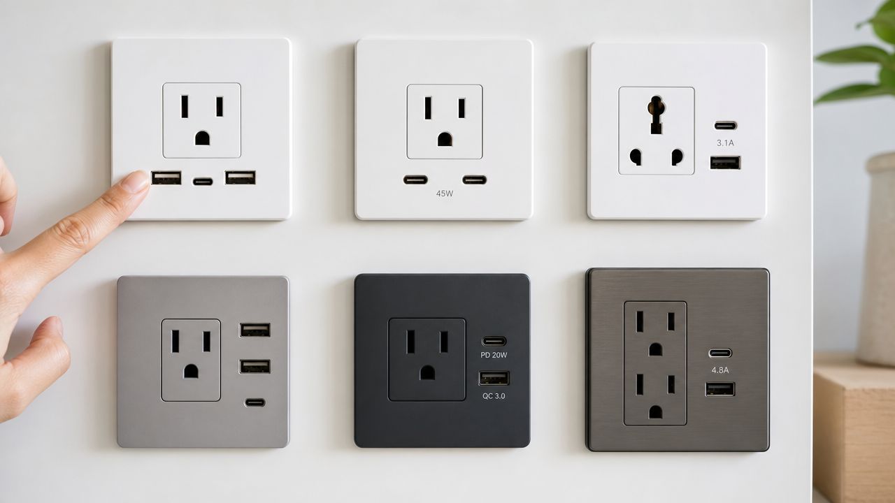 A hand points to a wall-mounted electrical outlet featuring integrated USB and USB-C charging ports.