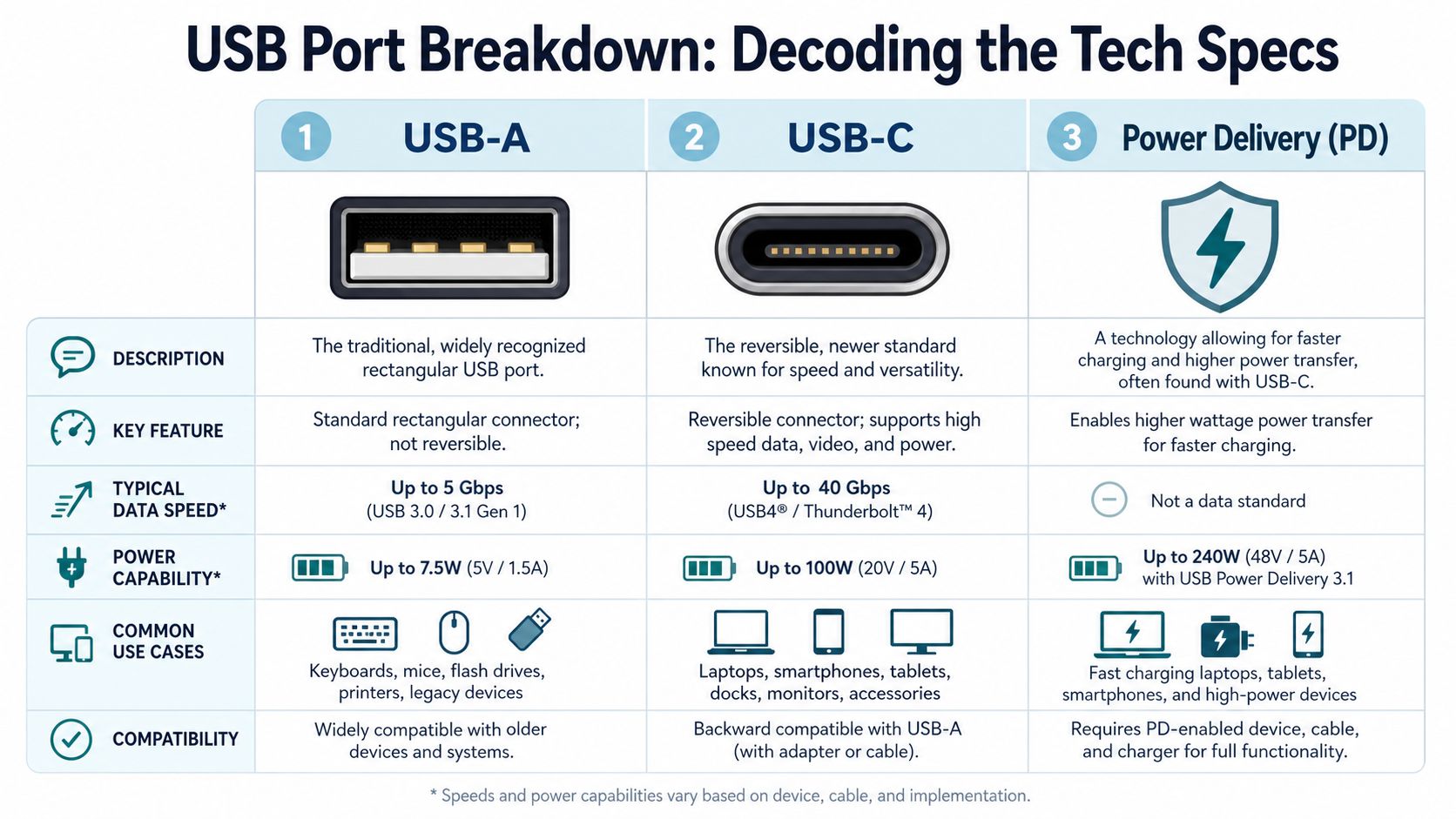 A detailed comparison chart explaining the technical differences between USB-A, USB-C, and Power Delivery standards.