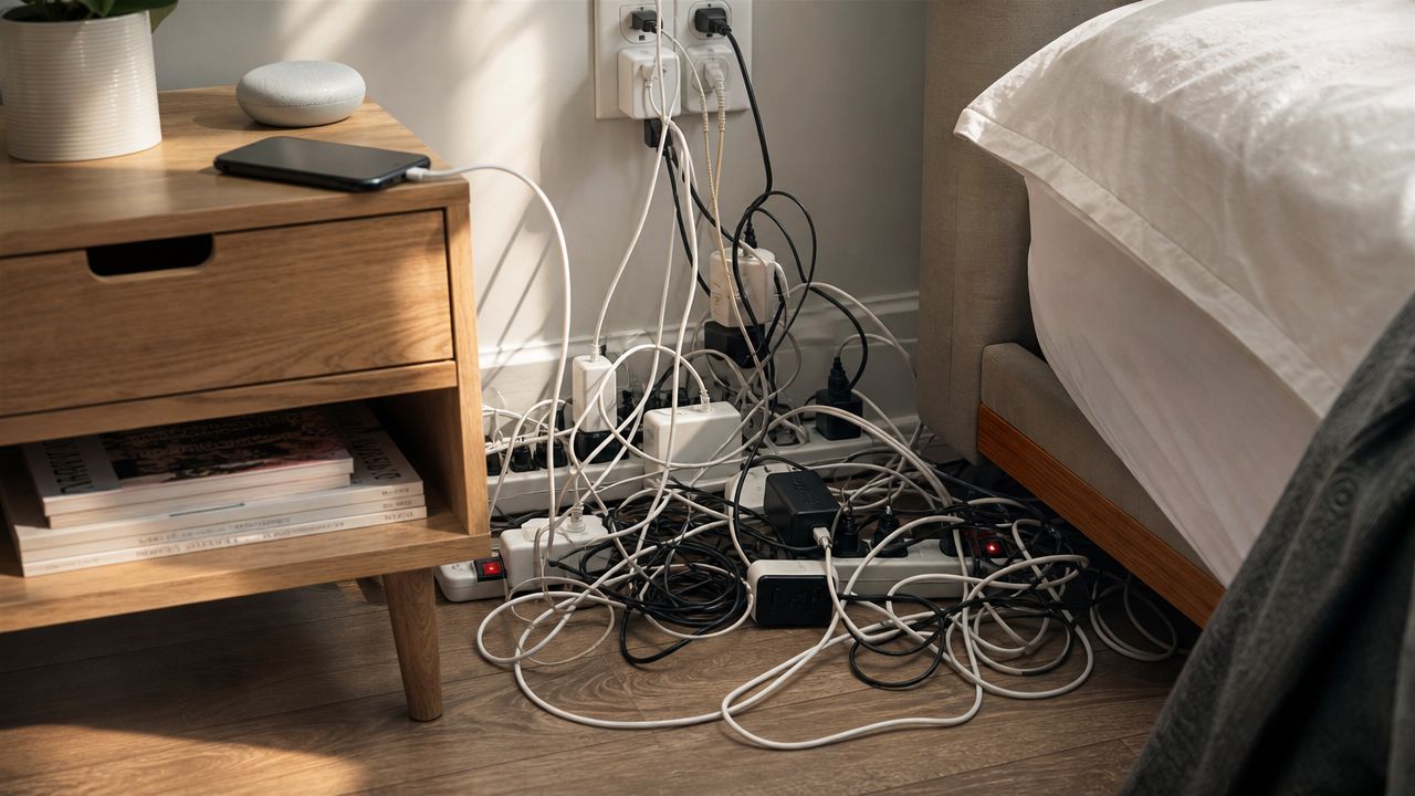 A messy tangle of power strips, charging cables, and electrical plugs on a bedroom floor near a bed.
