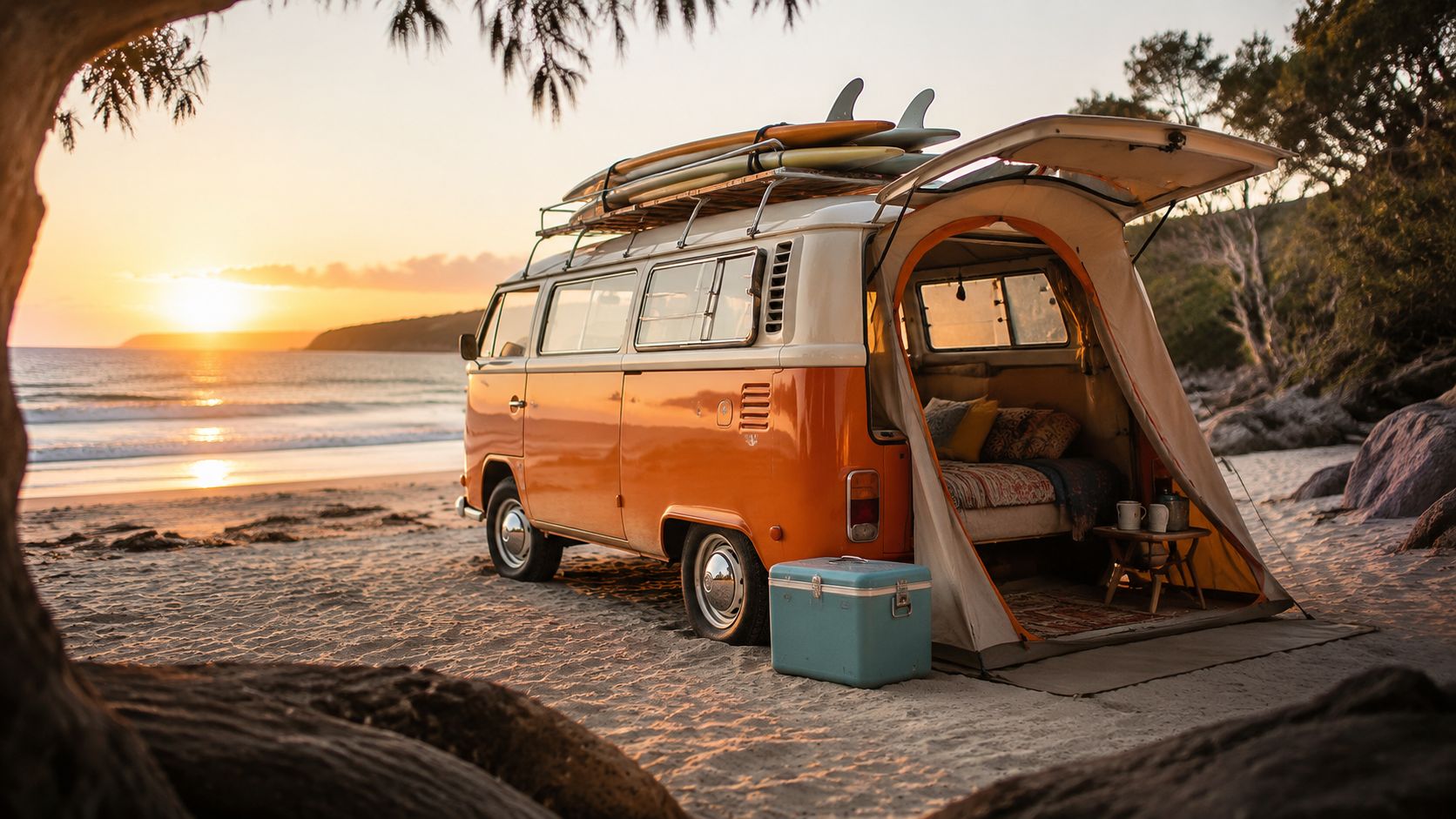 A vintage orange Volkswagen bus parked on a beach with a pop-up tent attached for camping.