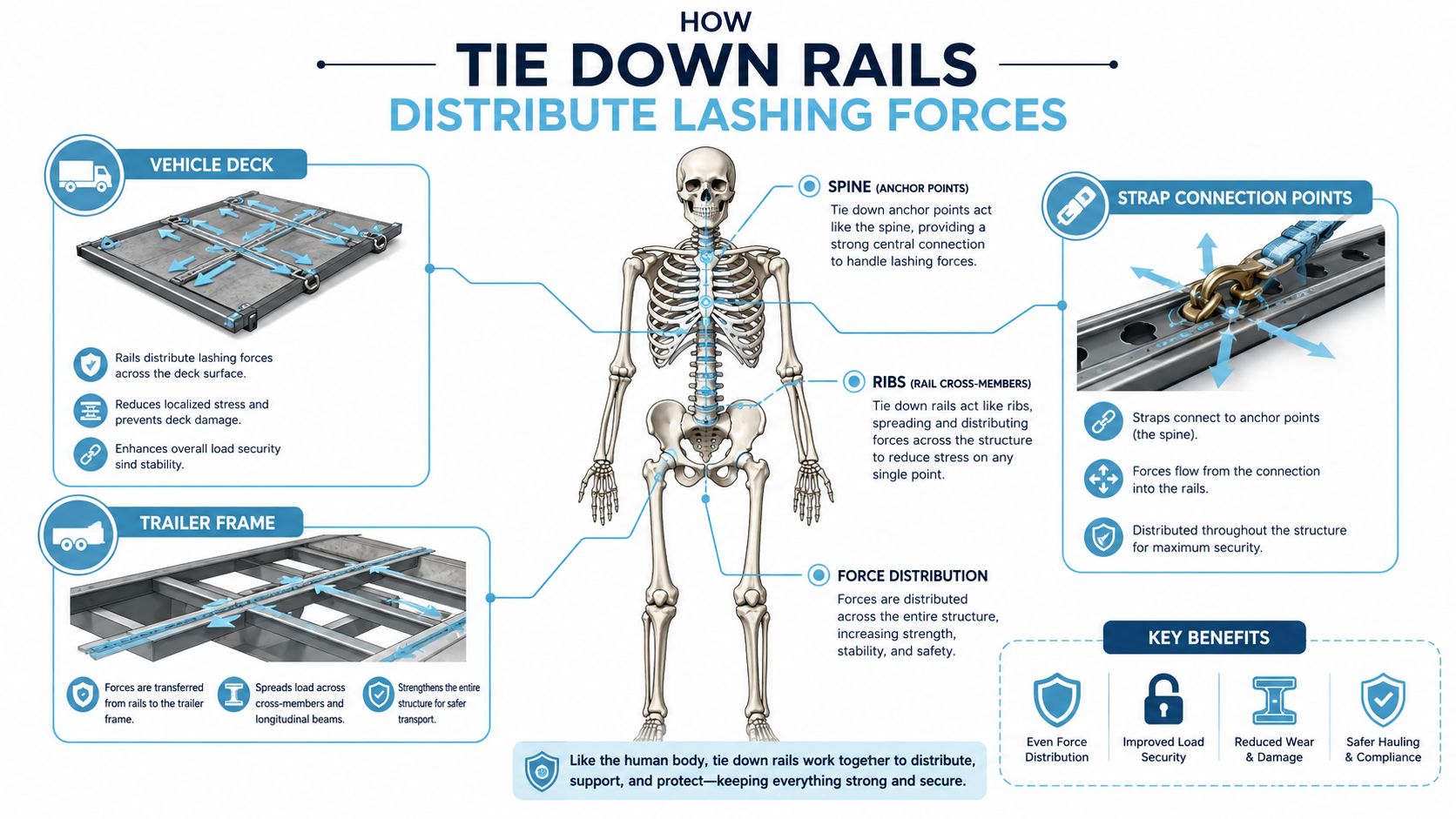 A diagram comparing tie down rails to a human skeleton to illustrate how force is distributed.