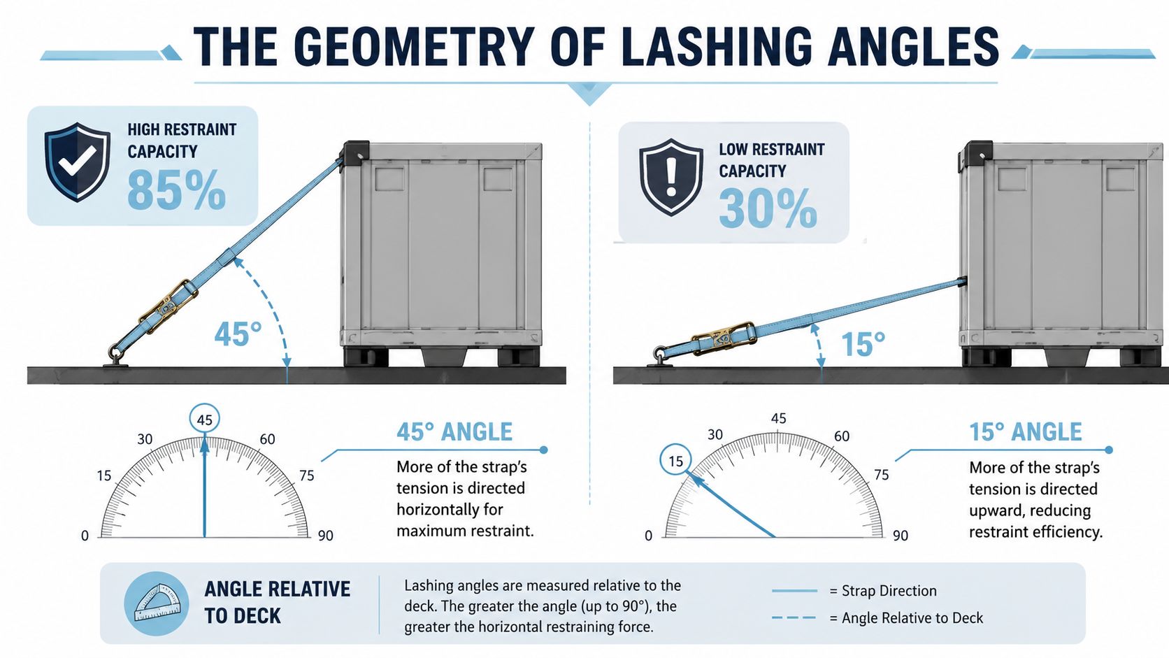 A diagram demonstrating how lashing angle affects cargo restraint capacity using 45 degree and 15 degree examples.