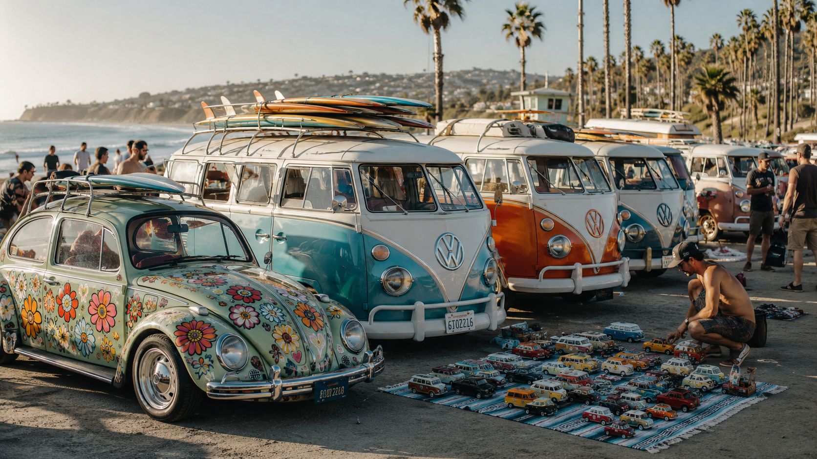 A scenic beachside gathering of vintage Volkswagen buses and a decorated flower-patterned Beetle with model cars.