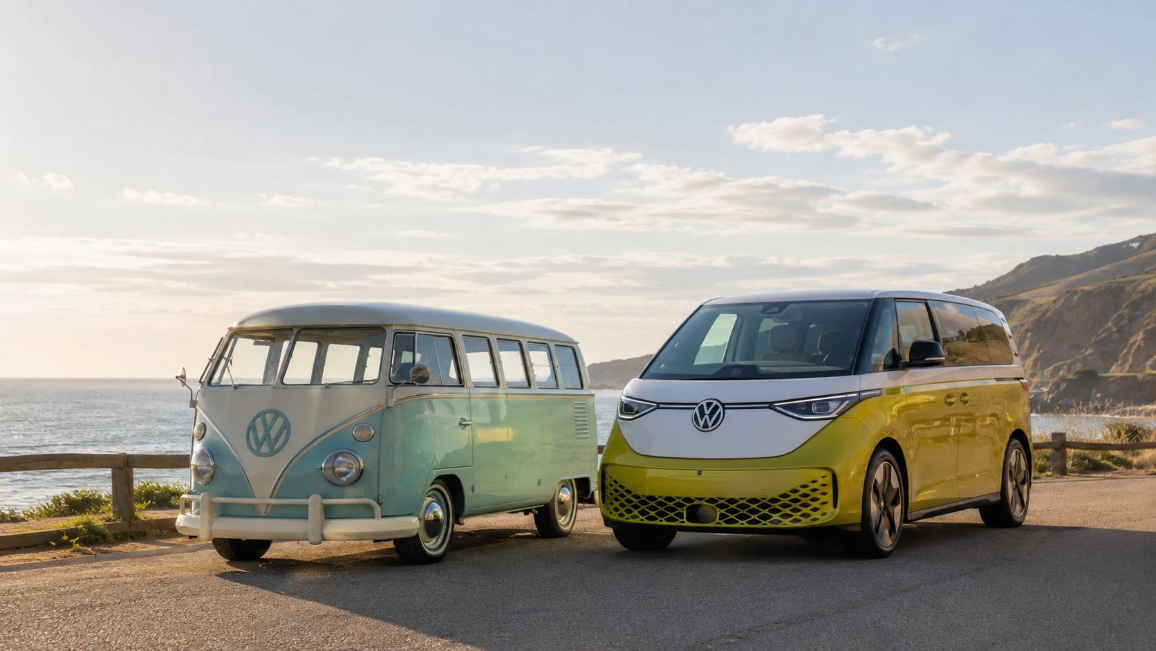 A classic light blue and white Volkswagen van parked next to a modern yellow and white ID. Buzz electric van.