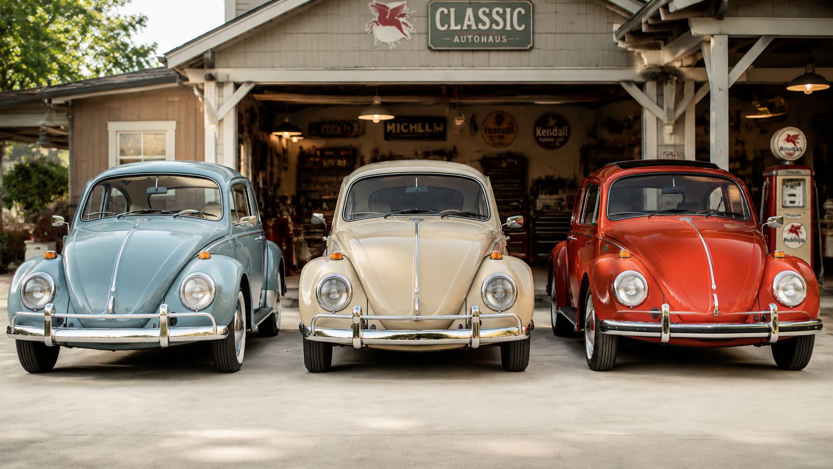Three classic vintage Volkswagen Beetle cars in light blue, cream, and red parked in front of a garage.