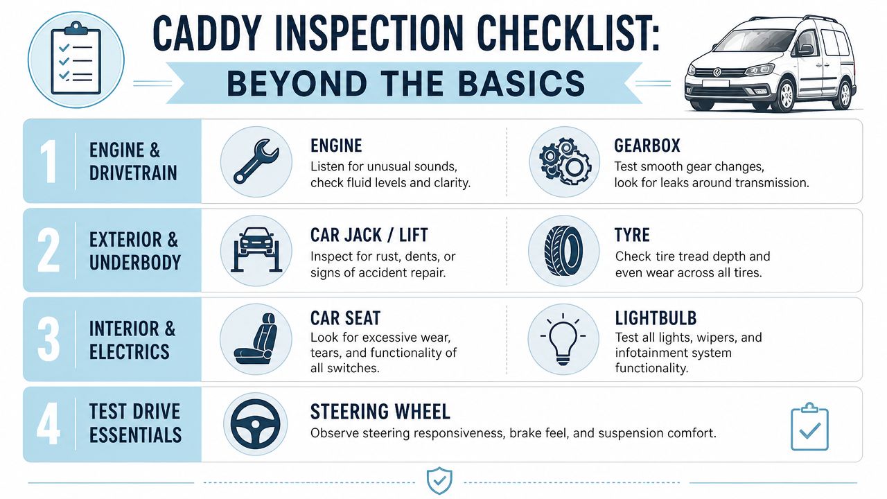 A Caddy inspection checklist infographic detailing engine, exterior, interior, and test drive checks for vehicle maintenance.