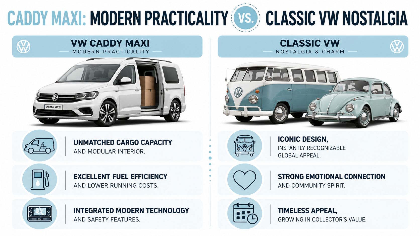 A comparison infographic featuring a modern white VW Caddy Maxi alongside a classic VW camper and beetle.